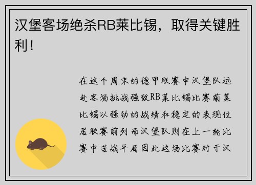 汉堡客场绝杀RB莱比锡，取得关键胜利！