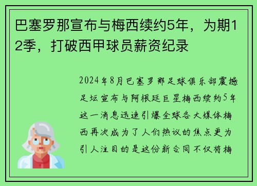 巴塞罗那宣布与梅西续约5年，为期12季，打破西甲球员薪资纪录