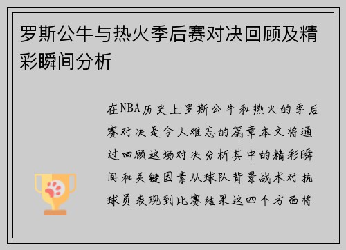罗斯公牛与热火季后赛对决回顾及精彩瞬间分析