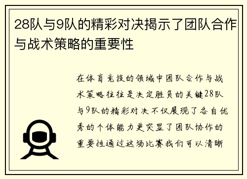 28队与9队的精彩对决揭示了团队合作与战术策略的重要性